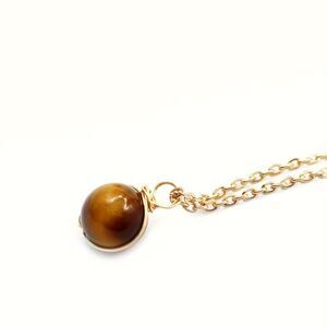 Natural Round Tigers Eye Ball Pendant Gemstone Necklace Gold Brown Charm Crystal